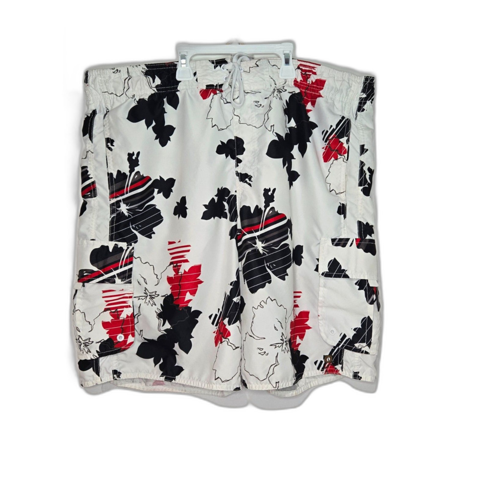 Hang Ten Hibiscus Floral Mesh Lined Swim Trunks | Men's Size Large | White Red